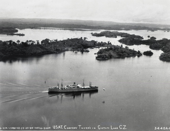 A ship crosses the Gatún Lake portion of the Panama Canal in 1928